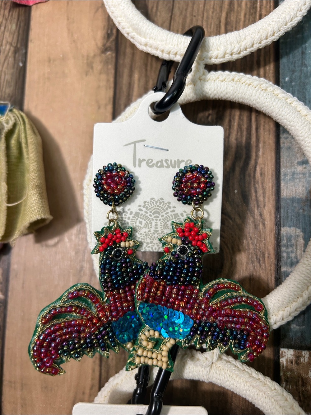 Treasure Multicolor Beaded Rooster Drop Earrings - Red & Green Accents